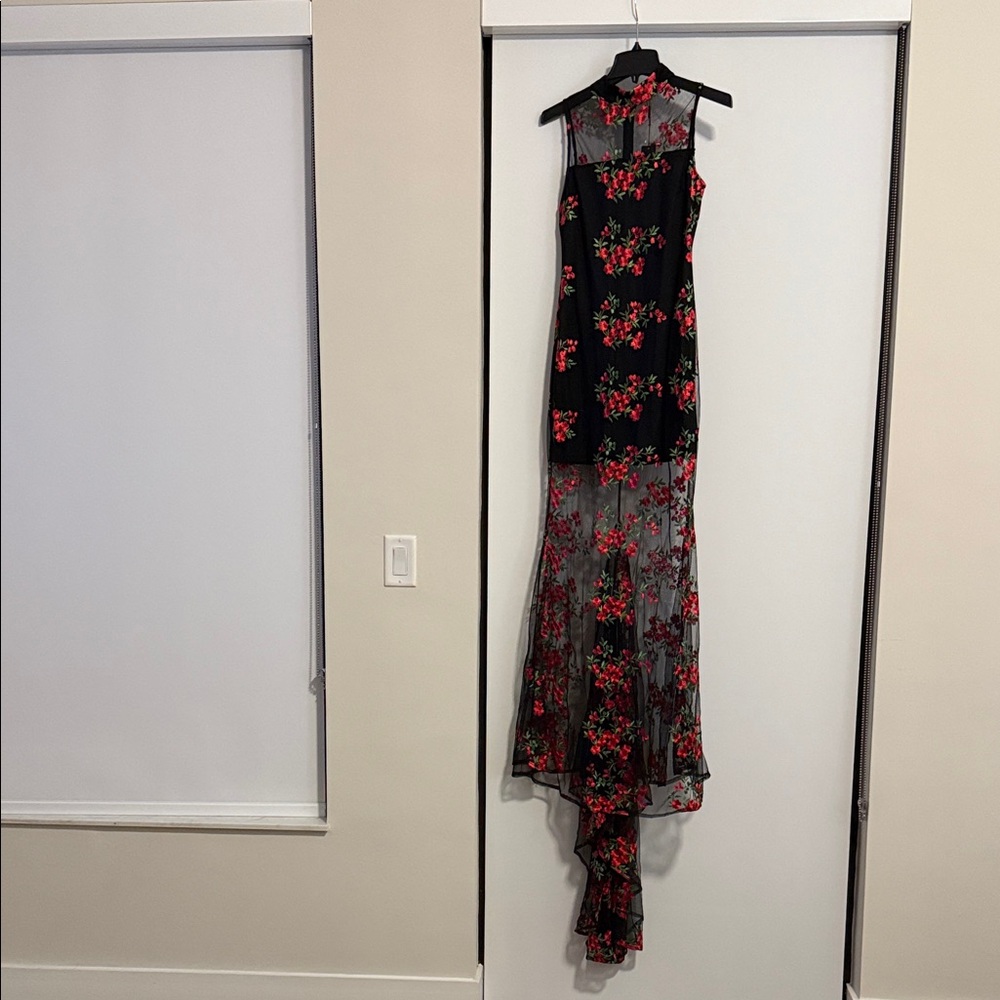 Fashion Nova Black and Red Floral High Low Dress